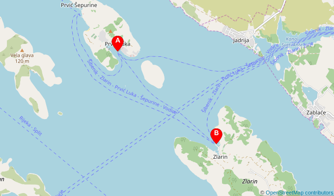 Map of ferry route between Prvic Luka and Zlarin